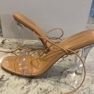 Larroude Tan Lace-Up Heels with Clear Lucite Strap